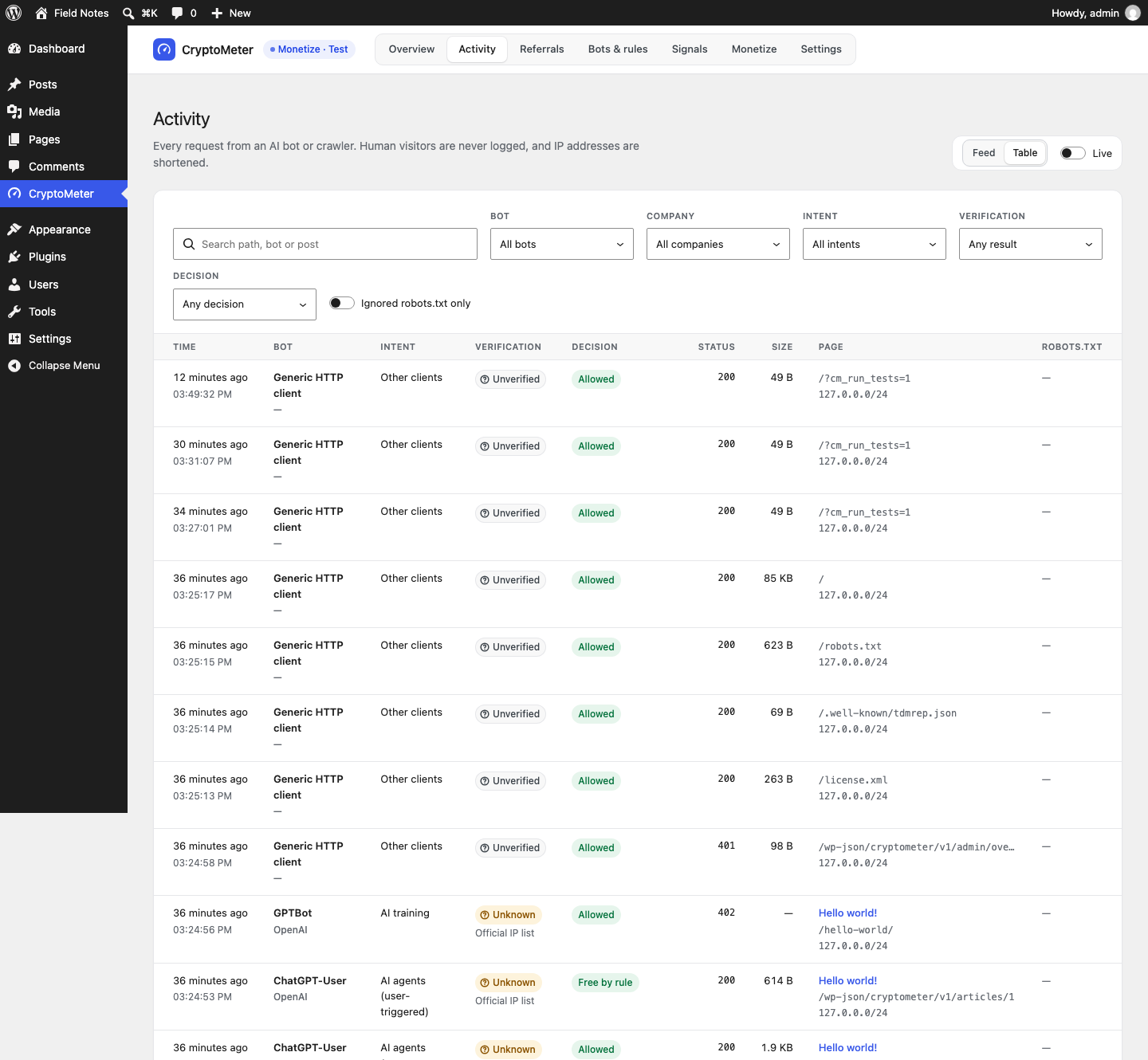 Activity table with filters for bot, company, intent, verification and decision, and columns time, bot, intent, verification, decision, status, size, page and robots.txt