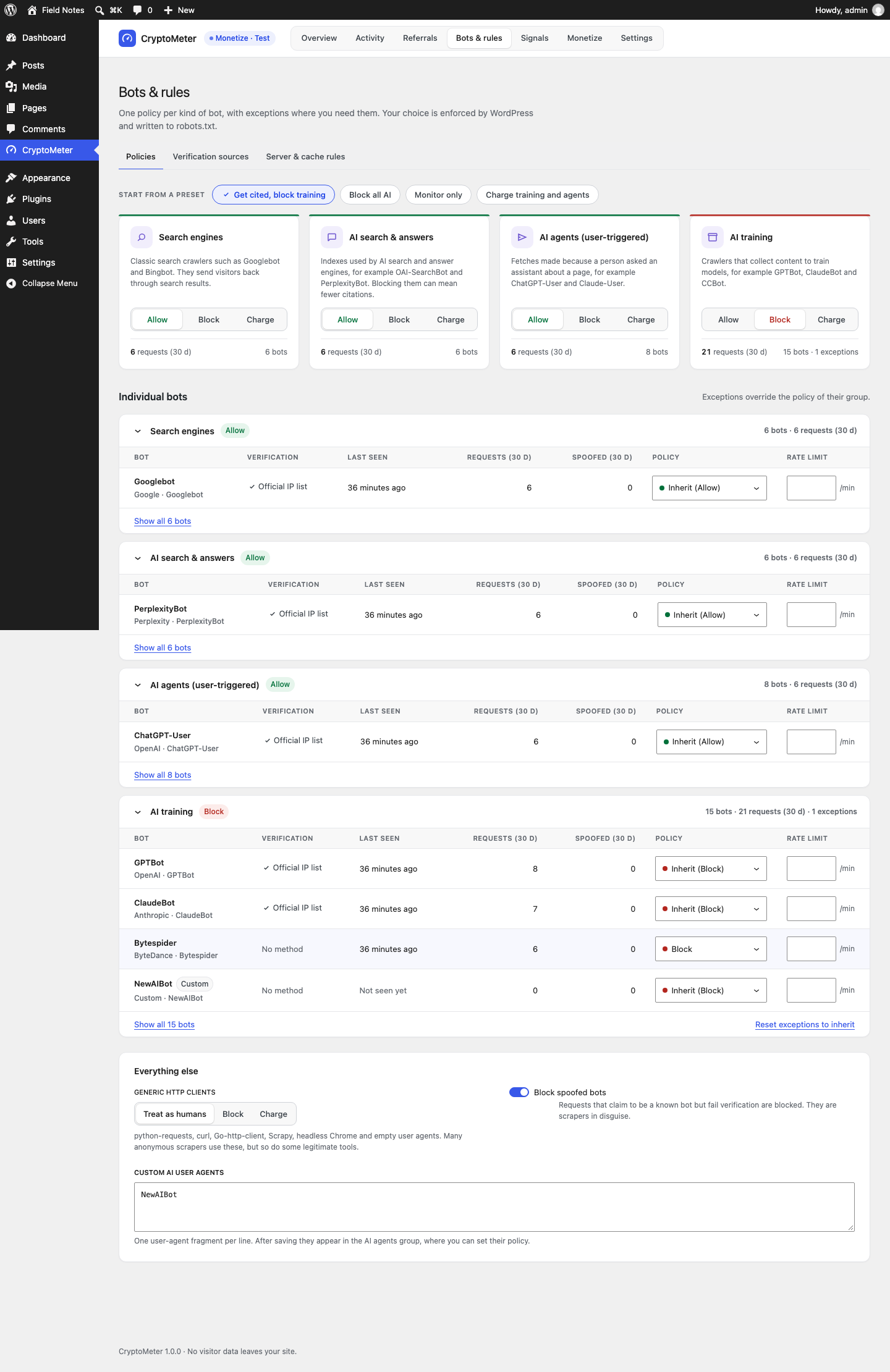 Bots and rules Policies tab with the preset bar, four intent cards with Allow, Block and Charge, individual bot tables with policy and rate limit, and the Everything else card