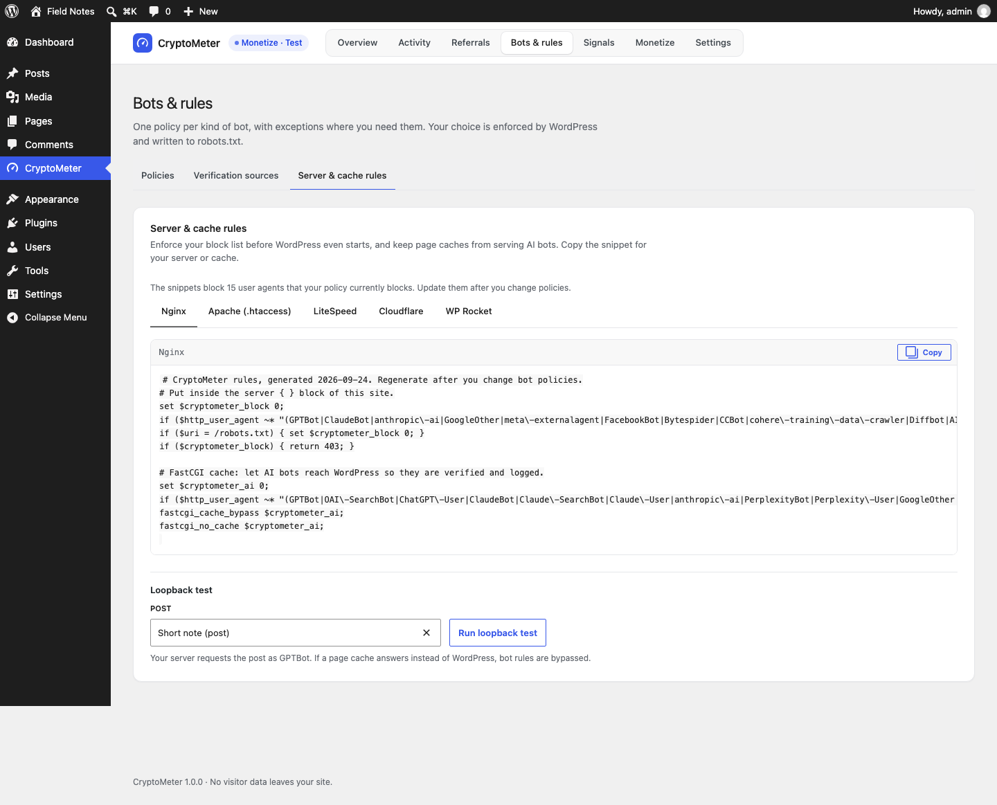 Server and cache rules with tabs Nginx, Apache (.htaccess), LiteSpeed, Cloudflare and WP Rocket, a generated snippet with a Copy button, and the Loopback test