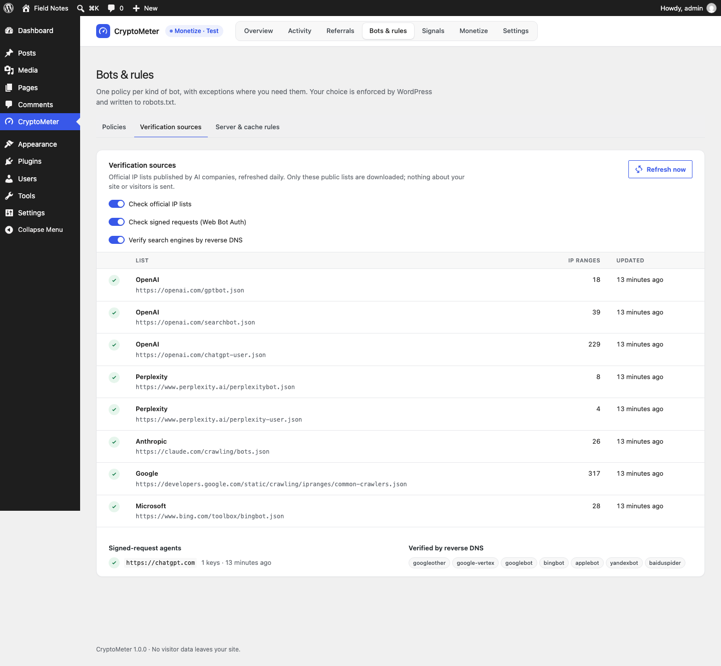 Verification sources with three toggles, eight official IP lists with IP range counts, the signed-request agent chatgpt.com and the list of bots verified by reverse DNS