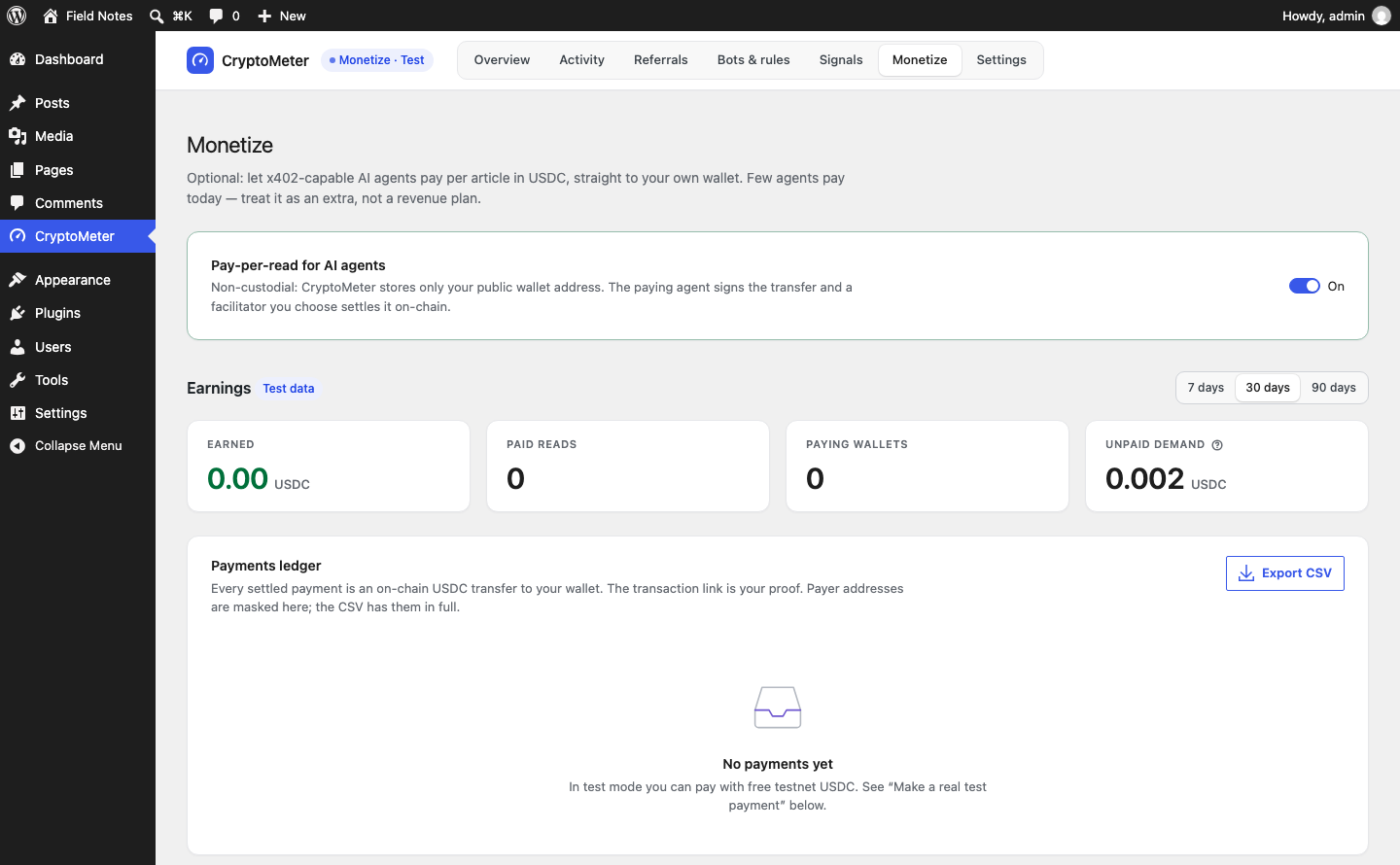 Monetize screen with the Pay-per-read for AI agents toggle, earnings cards and an empty payments ledger