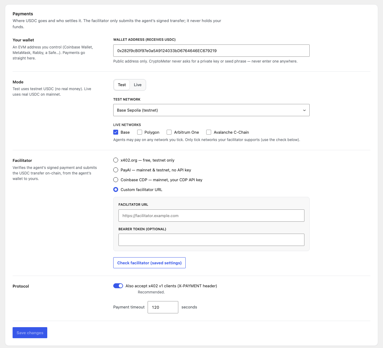 Payments card with wallet address, Test and Live mode, test network, live networks, facilitator choices and protocol options