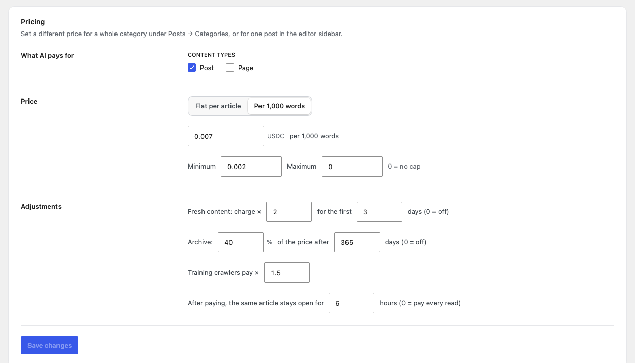 Pricing card with content types, flat or per 1,000 words price, minimum and maximum, fresh content, archive, training multiplier and access window