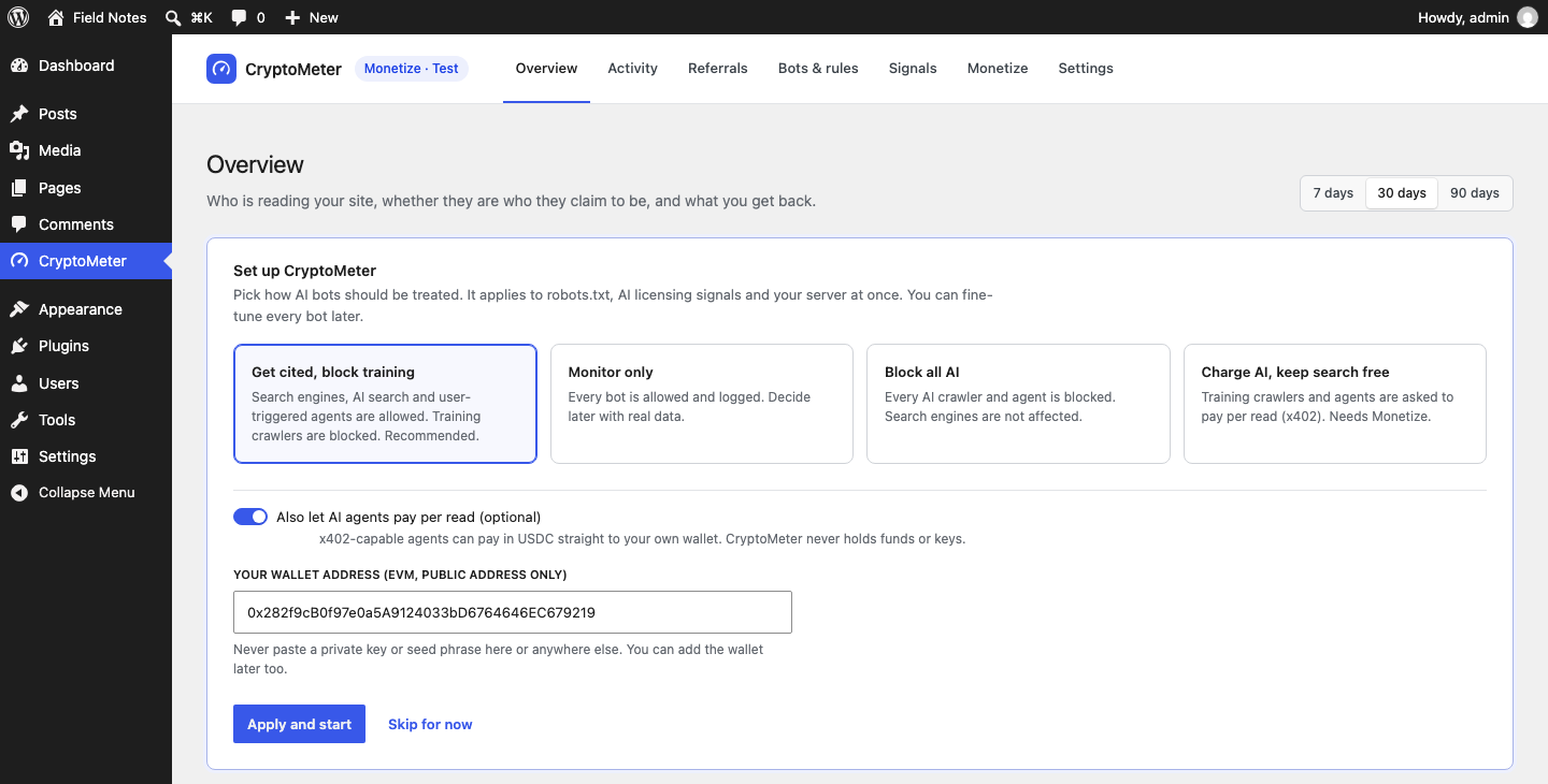 Set up CryptoMeter card with four preset choices, the optional Monetize toggle and a wallet address field