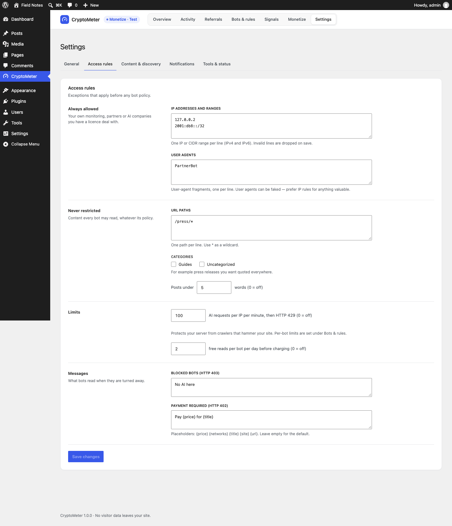 Settings Access rules tab with always allowed IPs and user agents, never restricted paths and categories, limits and messages