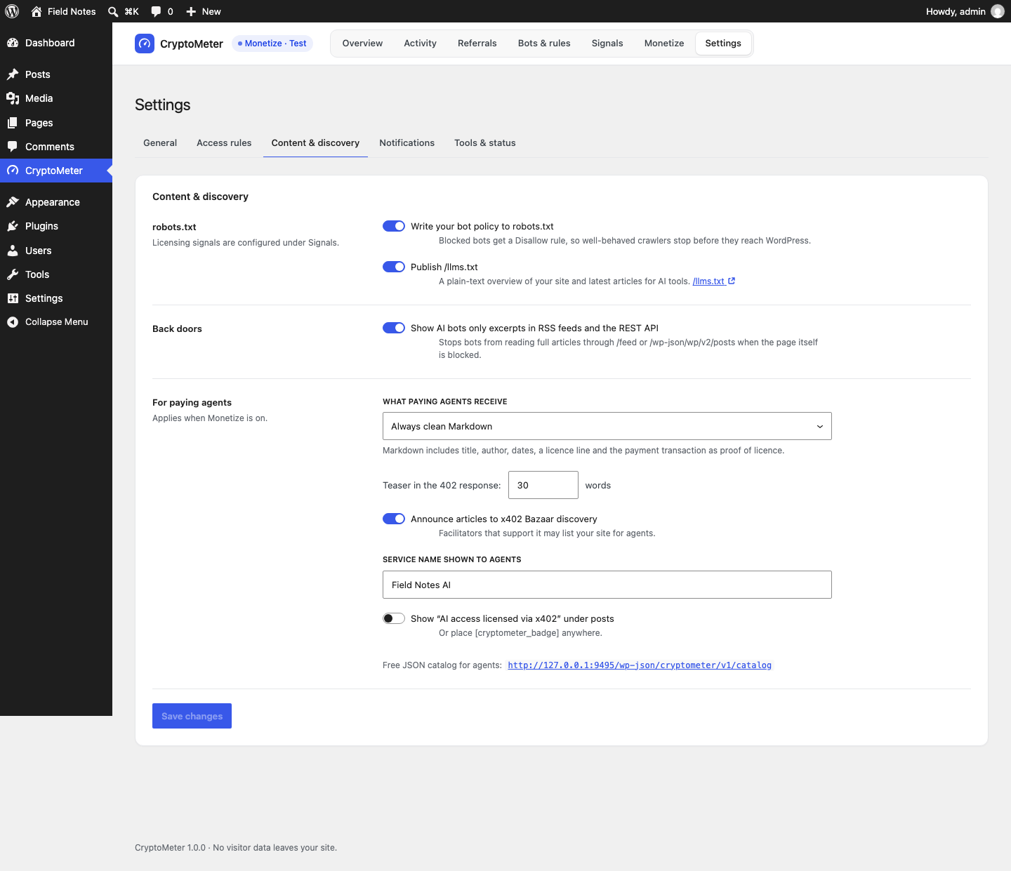 Settings Content and discovery tab with robots.txt and llms.txt toggles, the back doors toggle and the paying-agents options