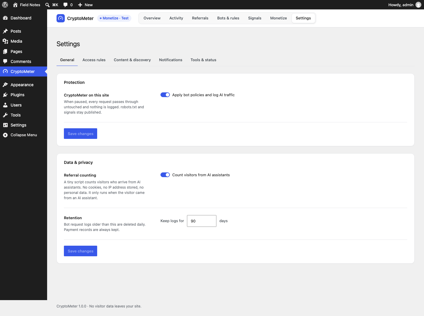 Settings General tab with the Protection toggle, referral counting toggle and log retention