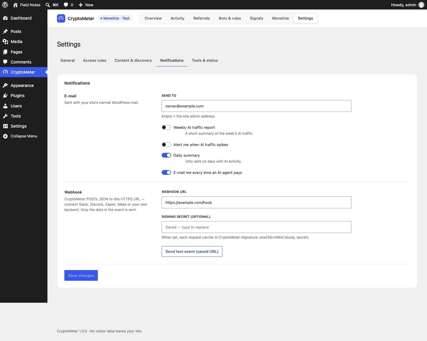 Settings Notifications tab with recipient, weekly report, spike alert, daily summary, payment e-mail and webhook