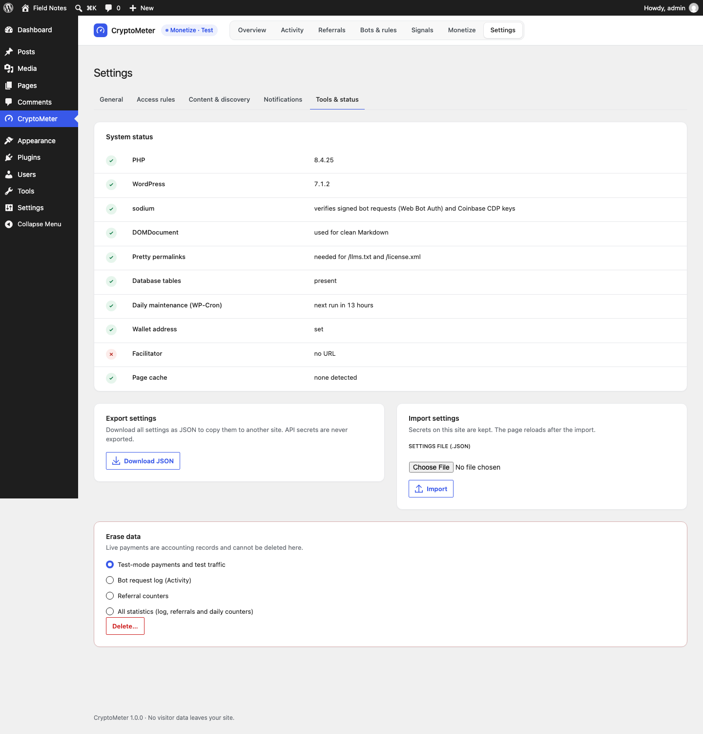 Settings Tools and status tab with system status rows, export and import settings, and erase data options
