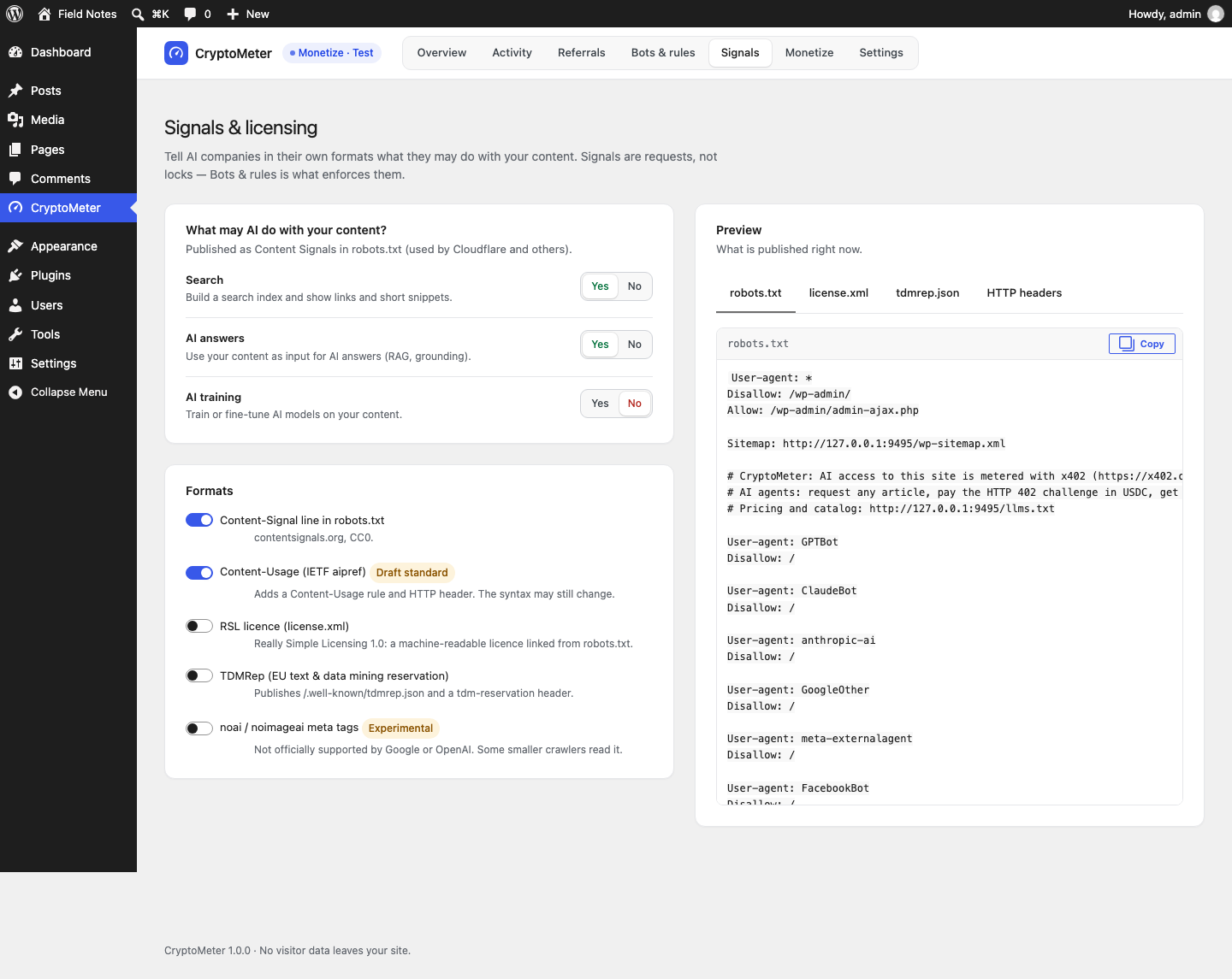 Signals and licensing screen with Search, AI answers and AI training yes/no choices, format toggles and a live preview of robots.txt