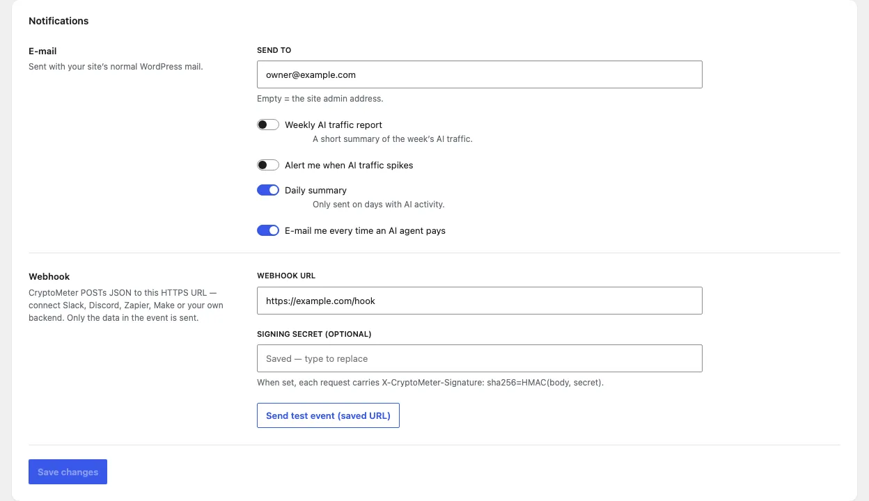 Notification settings: send-to e-mail, weekly AI traffic report, spike alert, daily summary, payment e-mails and a signed webhook.